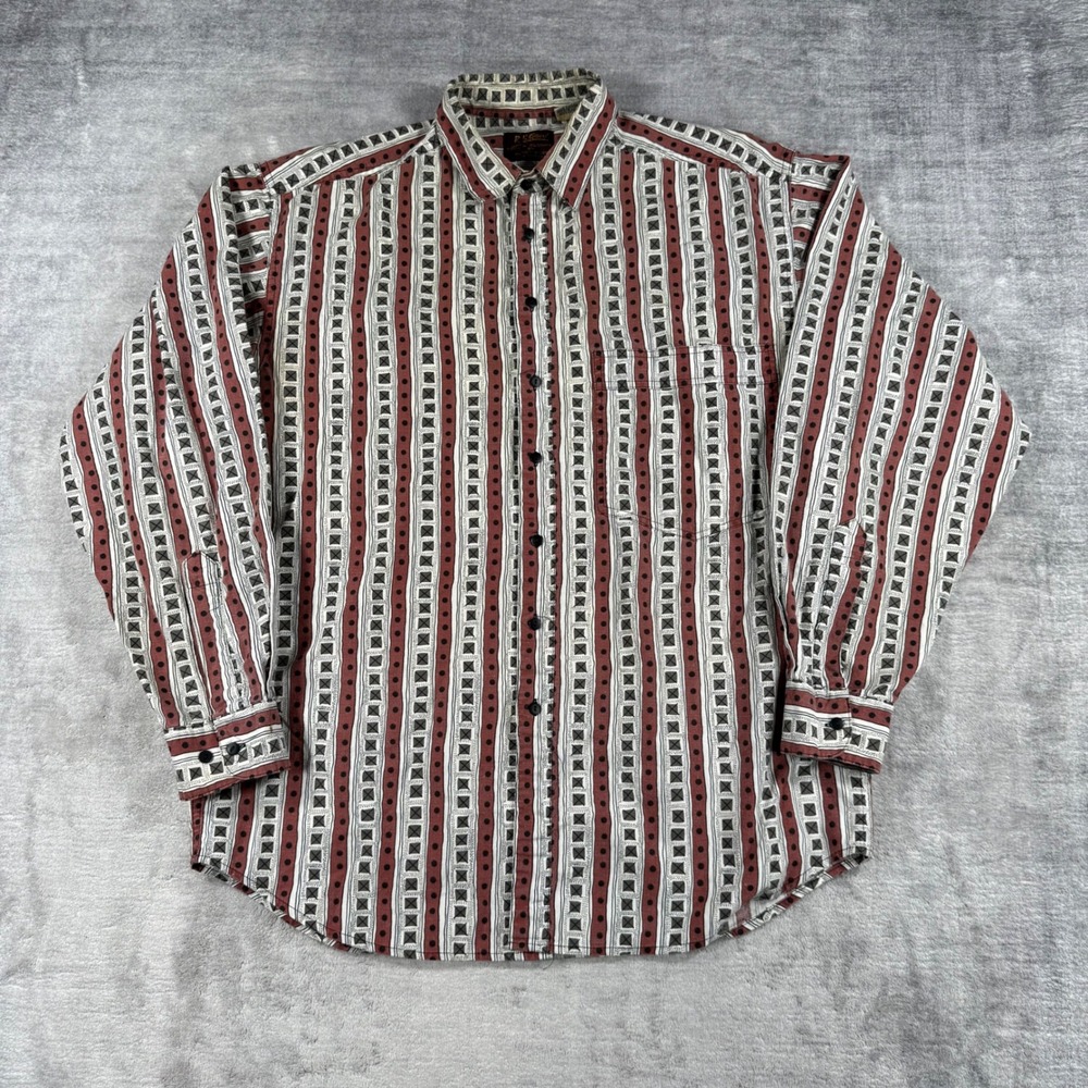 Randy River RR Gear Shirt Men Medium Vtg Burgundy Geometric Striped Tribal Boho